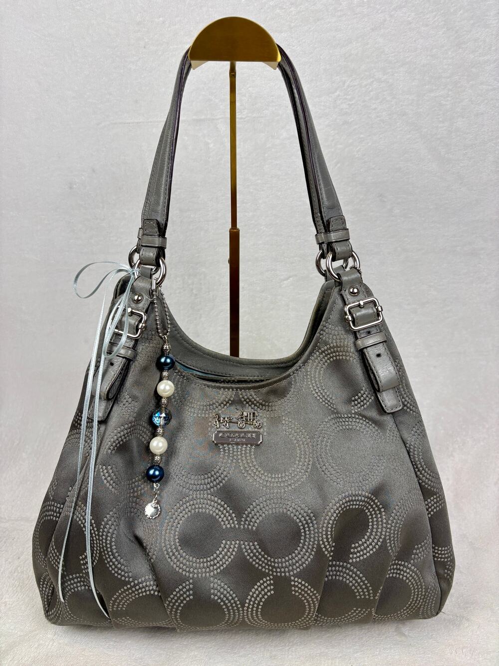 Coach Madison Dotted Op Art Signature Maggie in Pewter Sateen with Charm